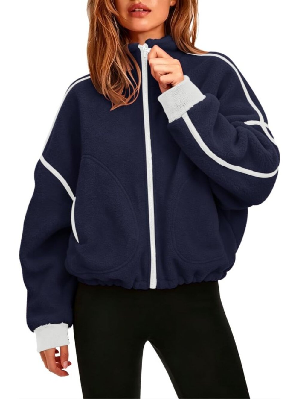 Women Navy 100% Polyester Stand Collar Pocket Cropped Full-Zip Up Sherpa Jackets